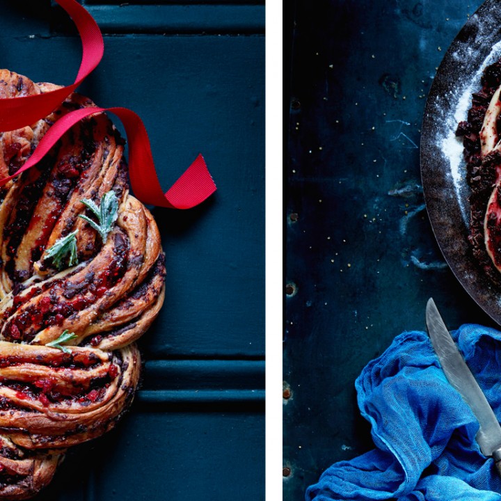 Chocolate and cranberry wreath with frosted rosemary