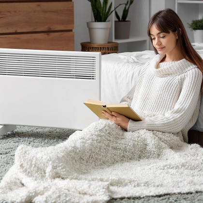 Woman reading beside a white panel heater in a cosy bedroom