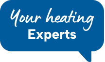 Speech bubble graphic with the words 'Your Heating Experts' on a blue background